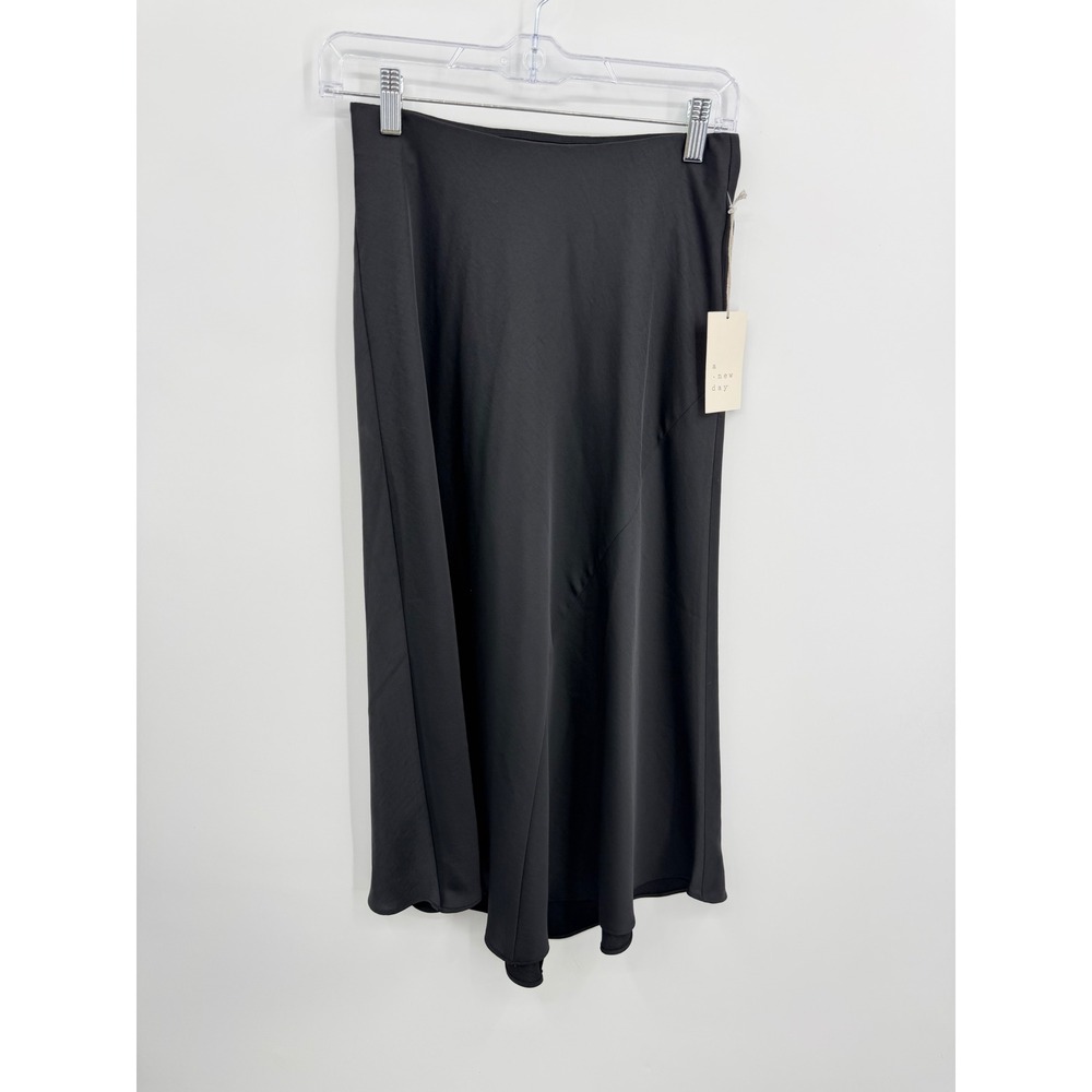 A New Day Satin Slip Midi Skirt Womens XS Black High Rise Flared Hem NEW